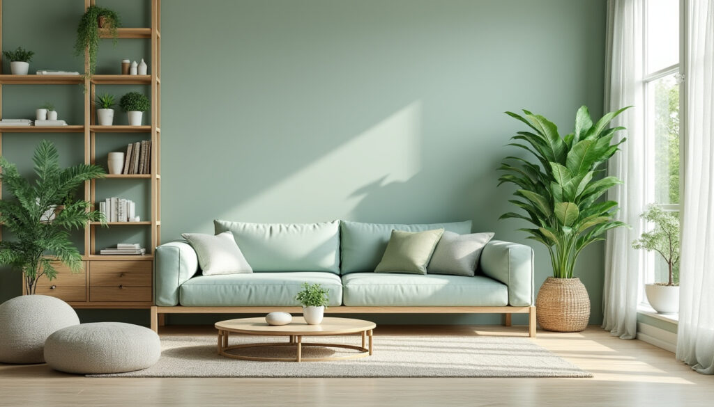 découvrez des idées déco pour aménager un salon vert d'eau et bois clair, créant une ambiance zen, apaisante et naturelle dans votre intérieur.